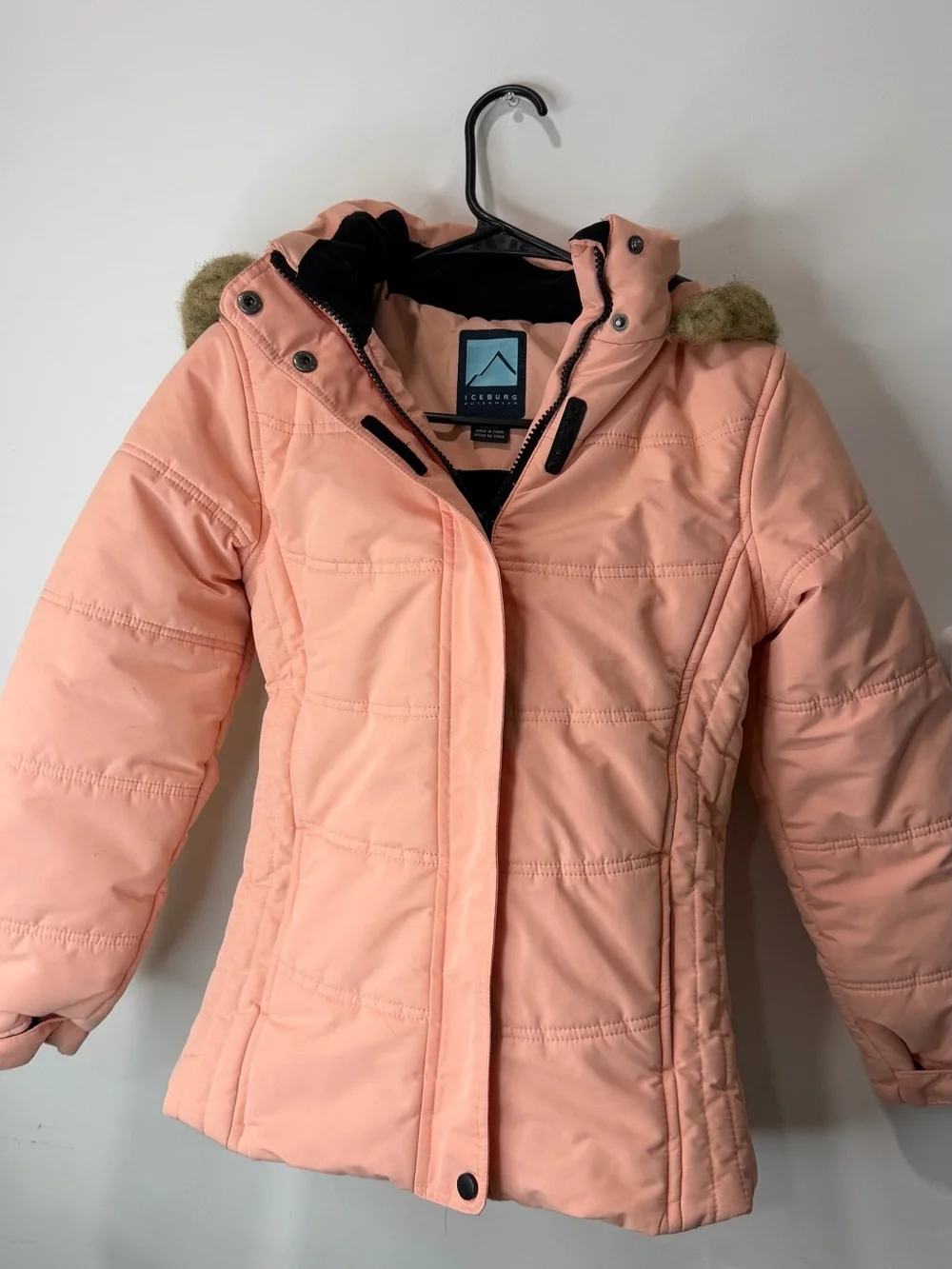 Girls' Peach Hooded Winter Coat with Faux-Fur Trim